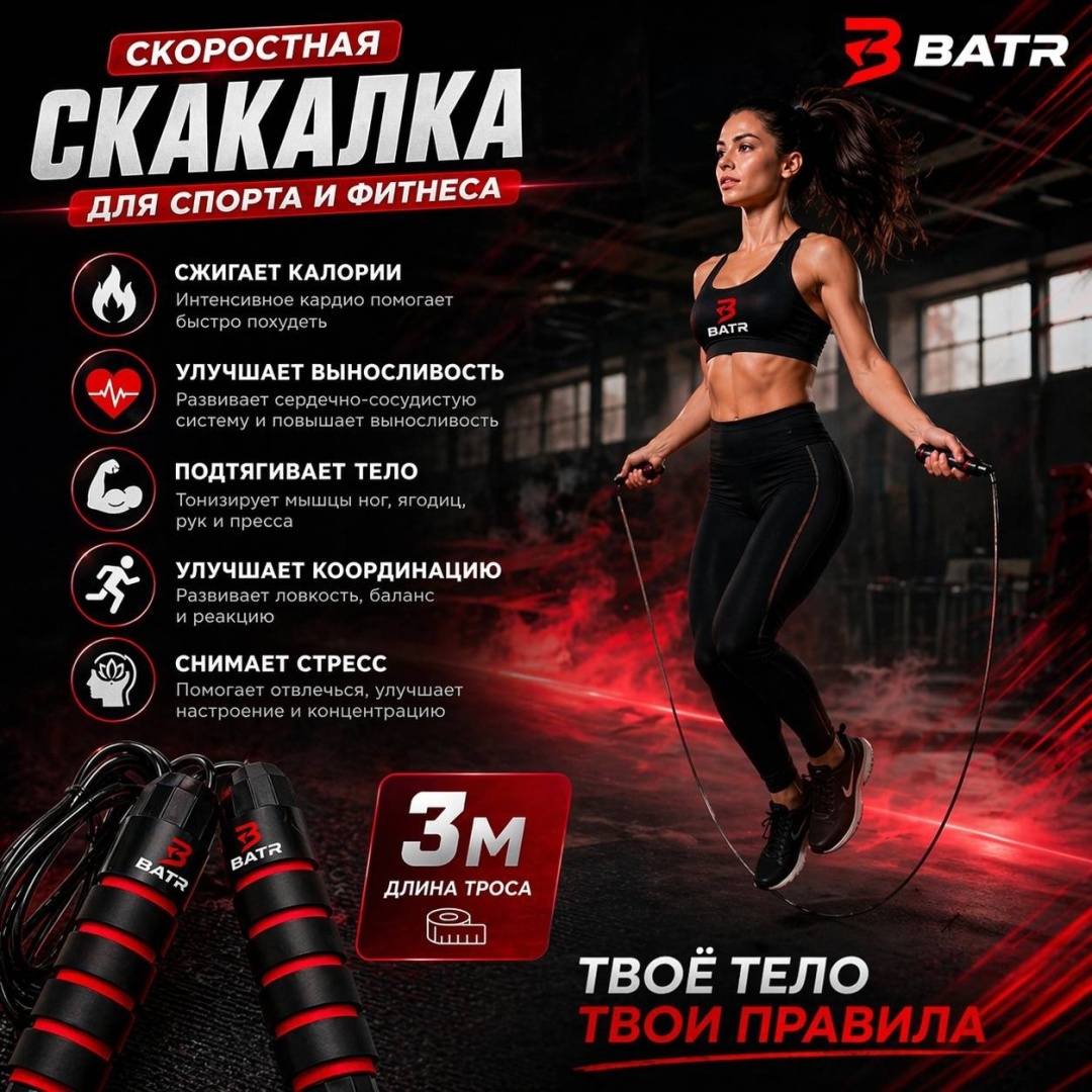 BATR Скакалка 3м скоростная 300 см черный — фото 2