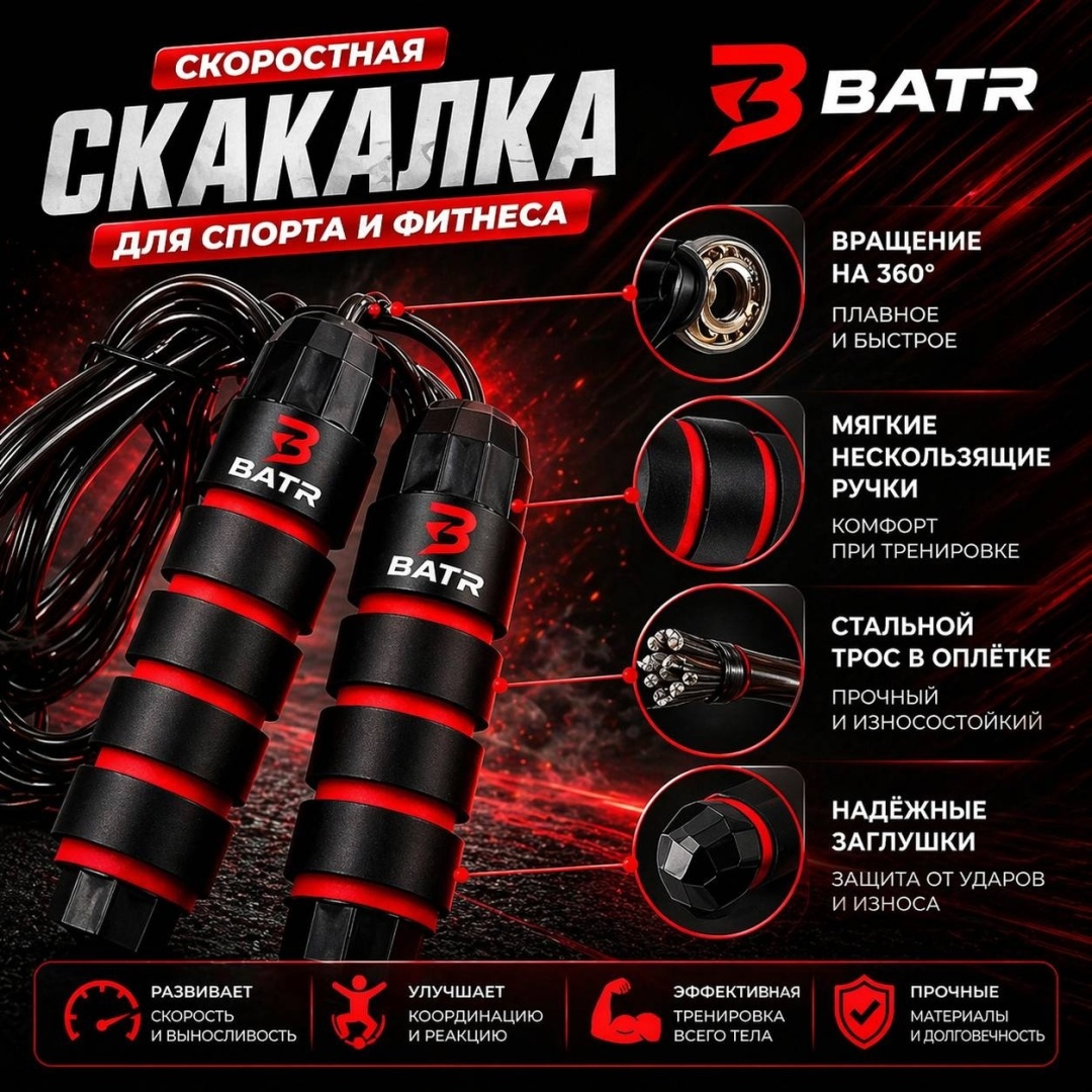BATR Скакалка 3м скоростная 300 см черный — фото 3